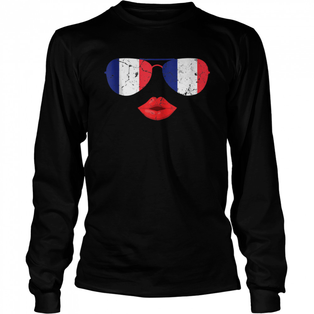 French Sunglasses Kissing Lips French Flag Shirt Long Sleeved T Shirt