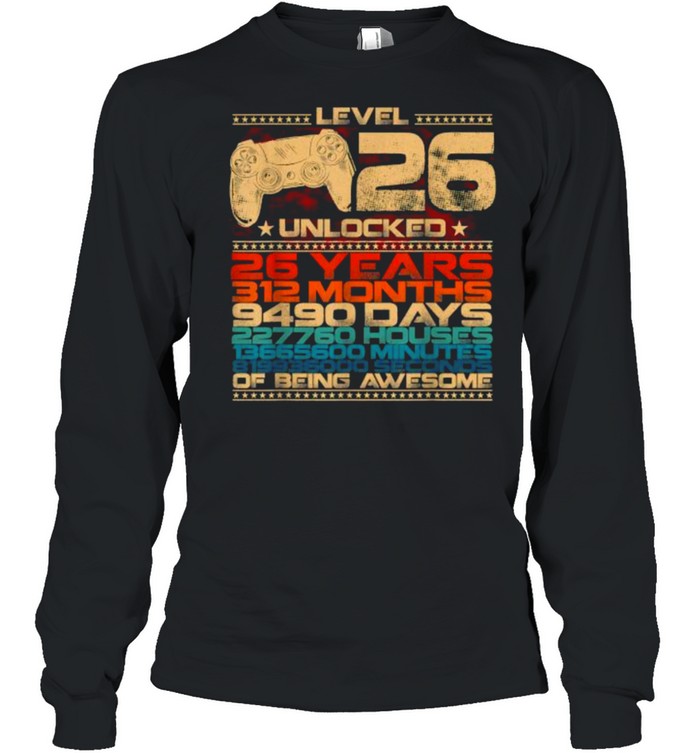 Level 26 Unlocked 26 Years Old Video Gamer 26 Birthday Vintage T- Long Sleeved T-shirt