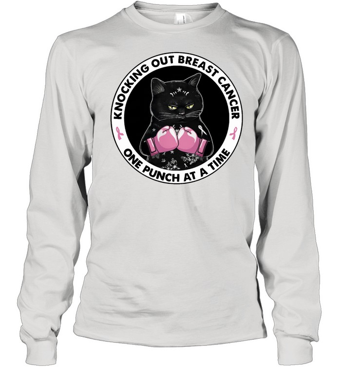 Black Cat Knocking Out Breast Cancer One Punch At A Time Shirt Long Sleeved T-Shirt