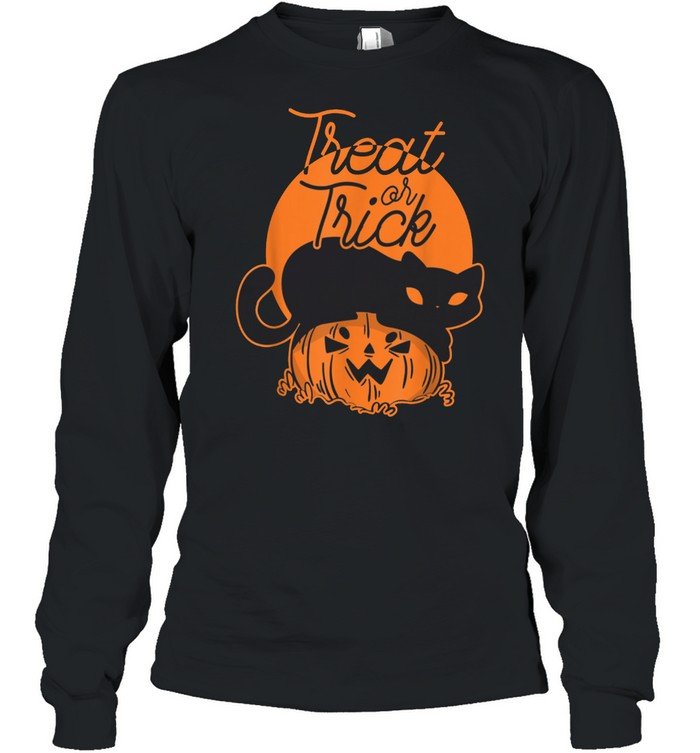 Cat Pumpkin Treat Or Trick Halloween Shirt Long Sleeved T Shirt