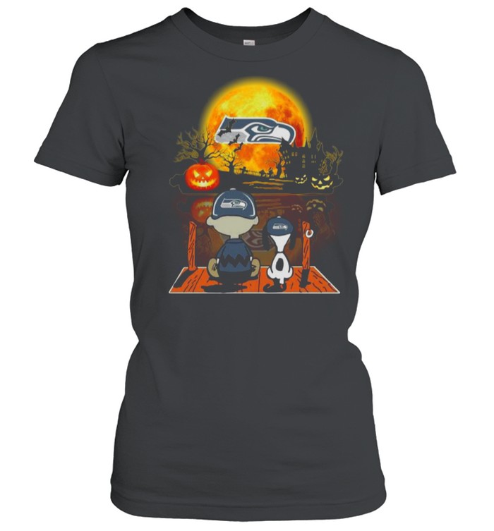 Snoopy And Charlie Brown Pumpkin Seattle Seahawks Halloween Moon Shirt Classic Womens T Shirt