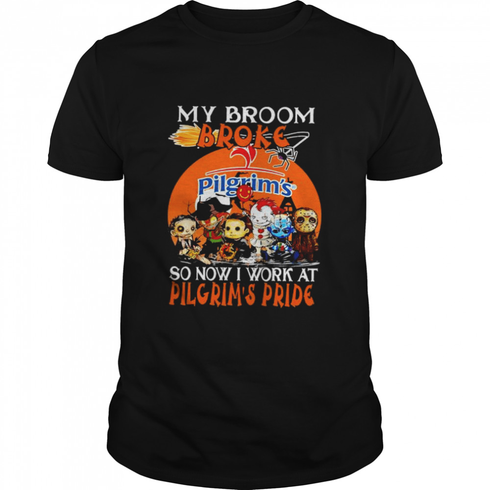 Chibi Horror characters my broom broke so now I work at Pilgrim’s Pride Halloween shirt Classic Men's T-shirt