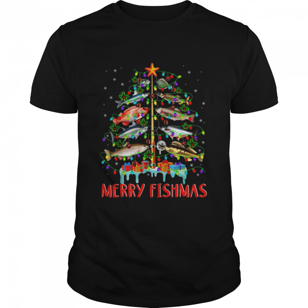 Merry Fishmas Funny Christmas Tree Lights Fish Fishing Rod  Classic Men's T-shirt