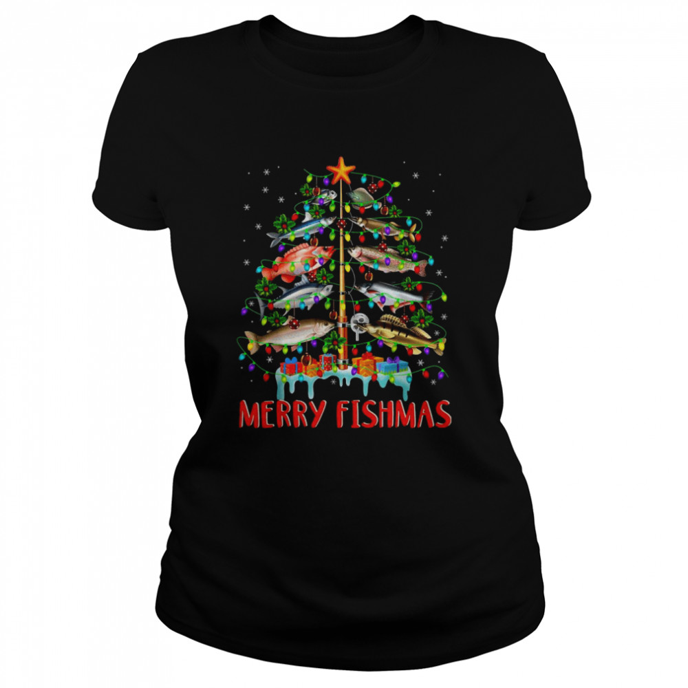 Merry Fishmas Funny Christmas Tree Lights Fish Fishing Rod  Classic Women'S T-Shirt