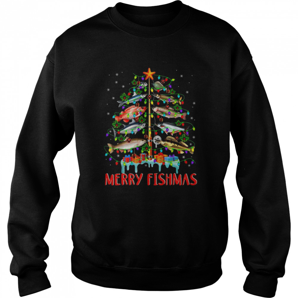Merry Fishmas Funny Christmas Tree Lights Fish Fishing Rod  Unisex Sweatshirt