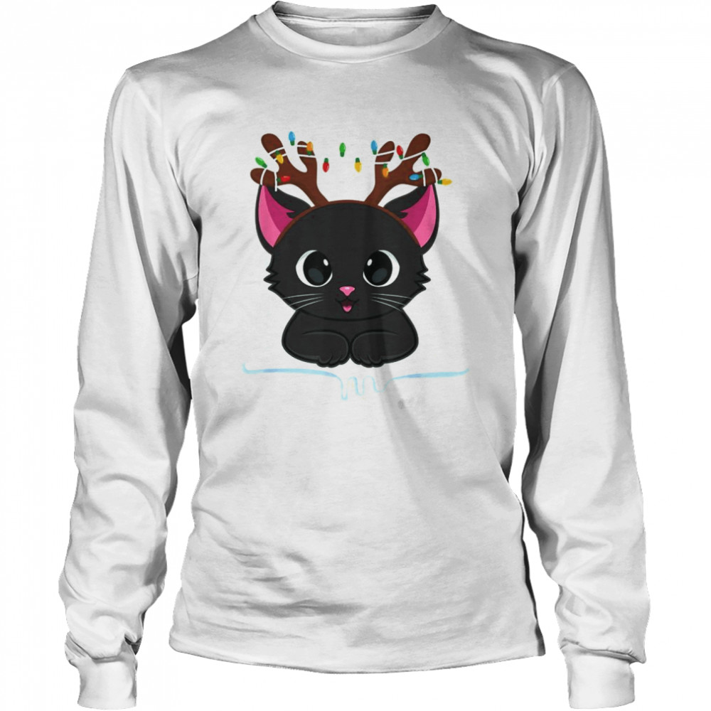 Christmas Black Cat Reindeer Antlers Catmas  Long Sleeved T-Shirt