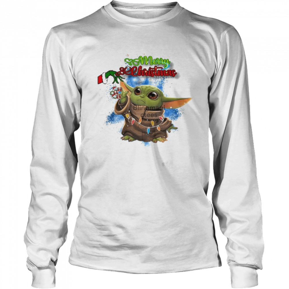 Merry Christmas Grinch Hand Holding Ho Ho Ho Baby Yoda Lights  Long Sleeved T-Shirt