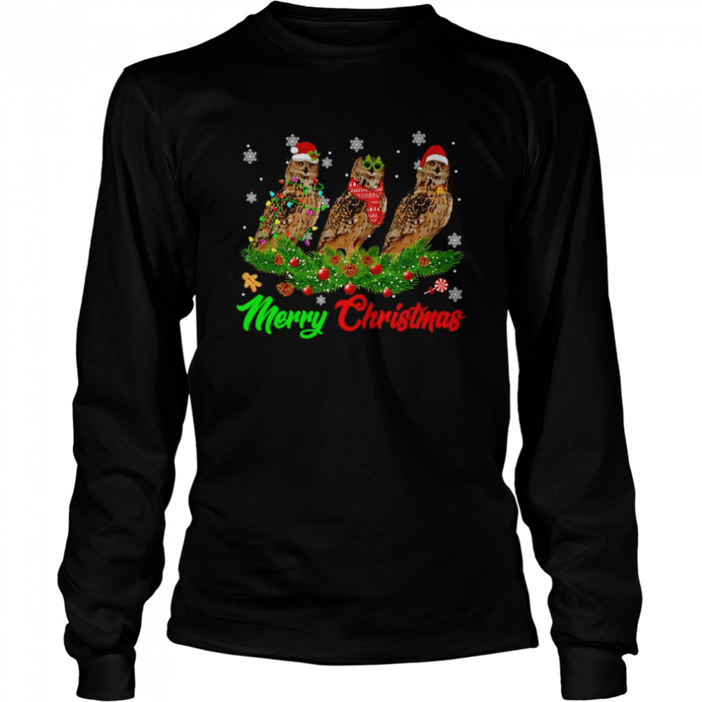 Christmas Pajama Owl Hat Santa Xmas Lights Long Sleeved T Shirt