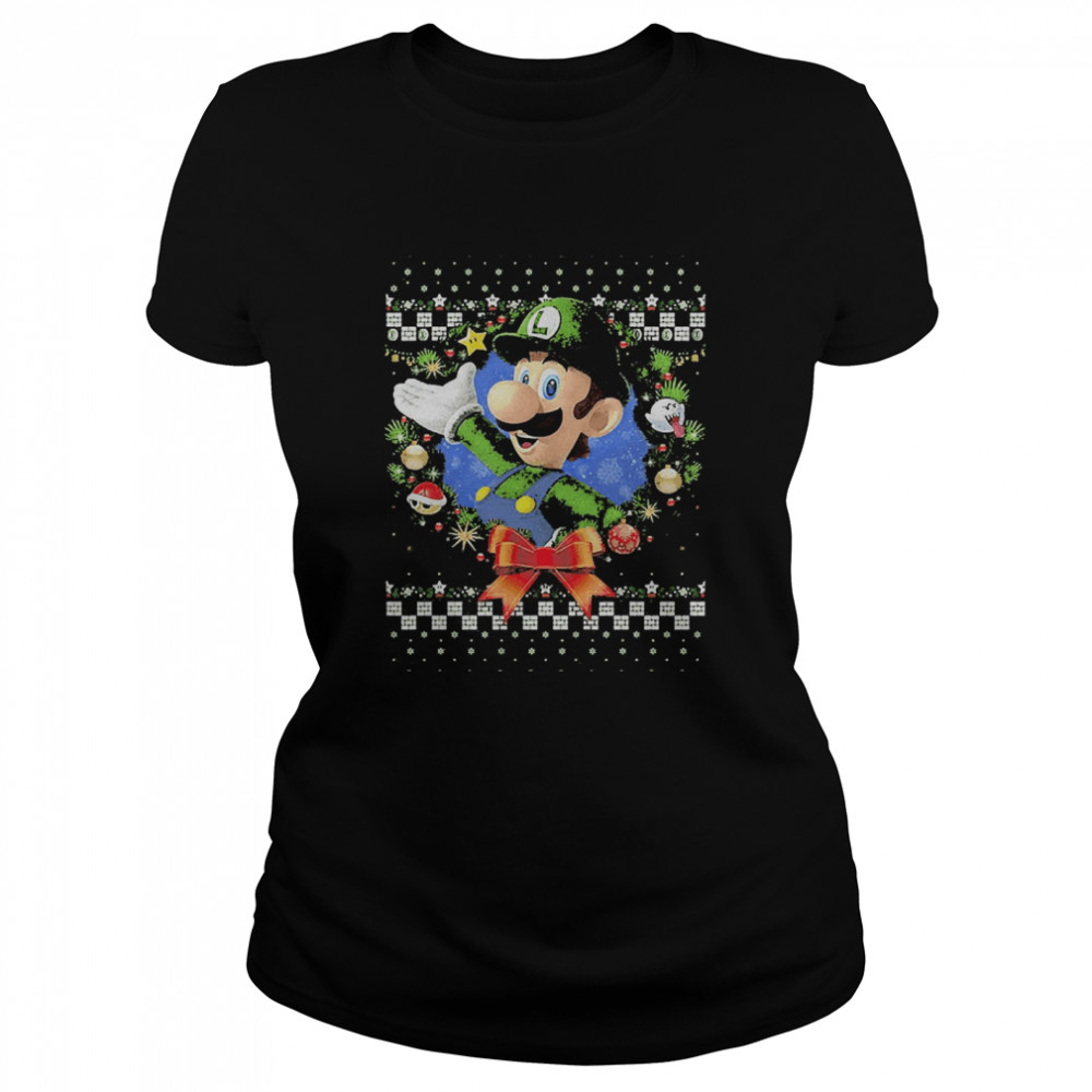 Luigi Faux Ugly Christmas Sweater Nintendo Classic Womens T Shirt