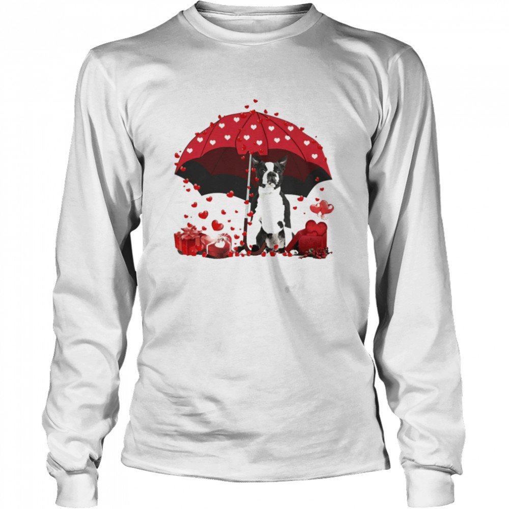 Loving Red Umbrella Black Boston Terrier Christmas Sweater Long Sleeved T Shirt