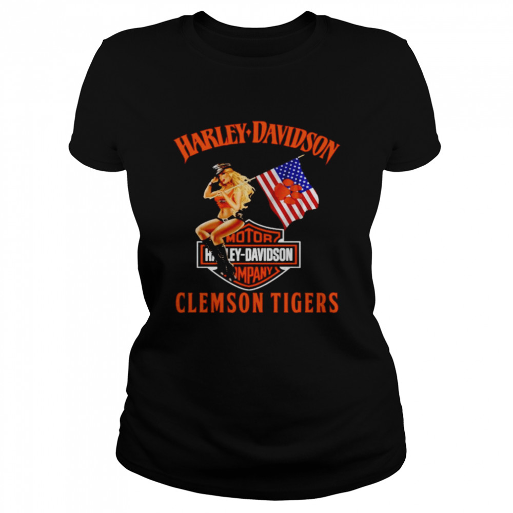 Harley Davidson Clemson Tigers American Flag Shirt Classic Womens T Shirt