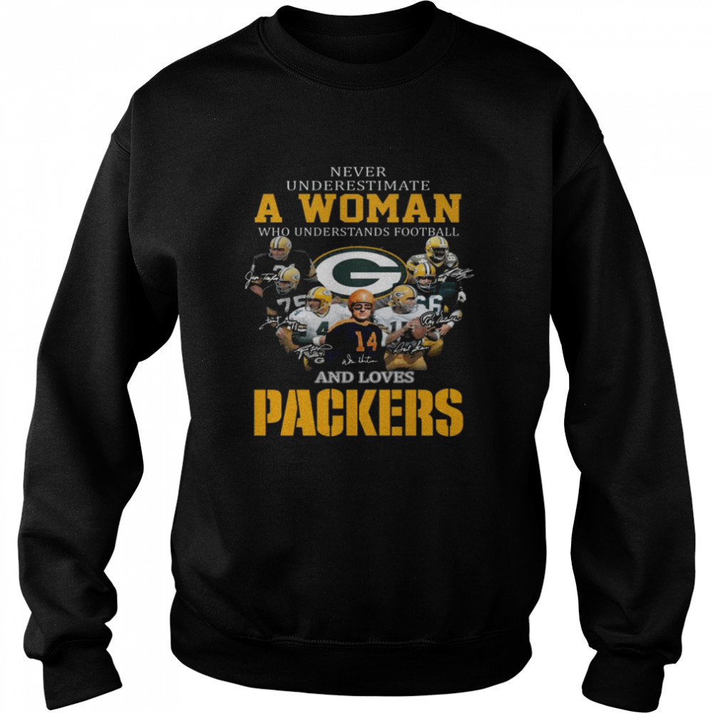 Never underestimate a woman who understands football and loves Green Bay Packers signatures shirt Unisex Sweatshirt
